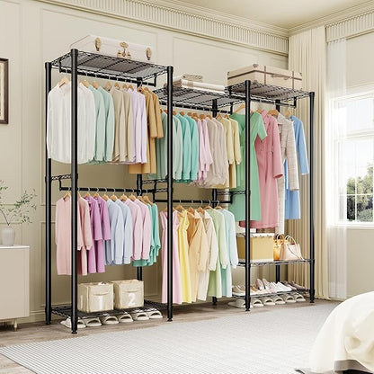 4-Tier Heavy Duty Clothes Rack, 1430LBS Load, Sturdy Metal Garment Rack with Wire Shelves, Multi-Functional Wardrobe Closet with Hanger Rods for Hanging Clothes, 15.5" D x 67.6" W x 76.5" H