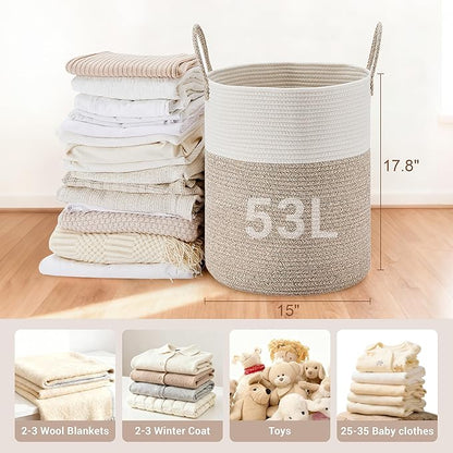 Tall Laundry Basket with Handles, 53L Portable Dirty Clothes Hamper, Boho Cotton Rope Storage Bin for Blankets Kids Toys Gifts, Decorative Organizer for Baby Nursery Bedroom Bathroom, Brown