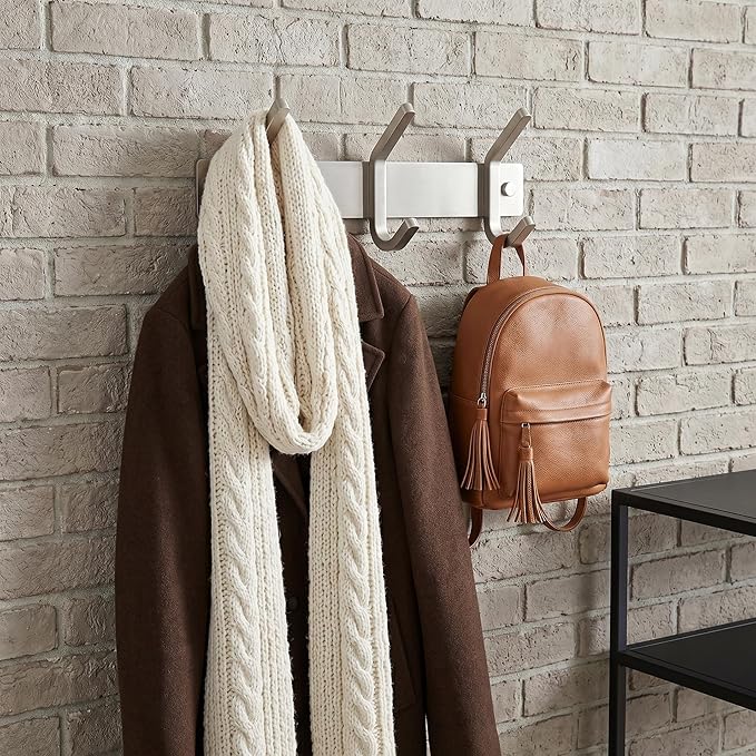 Small Coat Rack Wall Mount – Brushed Nickel 9 Inch Stainless Steel Hook Rail with 3 Heavy Duty Double Coat Hooks – Wall Mounted Coat Hanger for Entryway, Bathroom, Bedroom, Towel, Hat Organizer