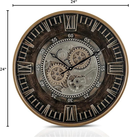 CLXEAST 24 Inch Large Moving Gear Wall Clock for Farmhouse Living Room Decor,Vintage Industrial Bronze Gold Metal Wall Clock for Home Office,House Warming Gifts New Home