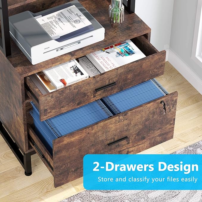 Tribesigns 2 Drawer Vertical File Cabinet with Lock & Bookshelf (Set of 2), Letter Size Large Modern Filing Cabinet Printer Stand with Open Storage Shelves for Home Office, Dark Brown