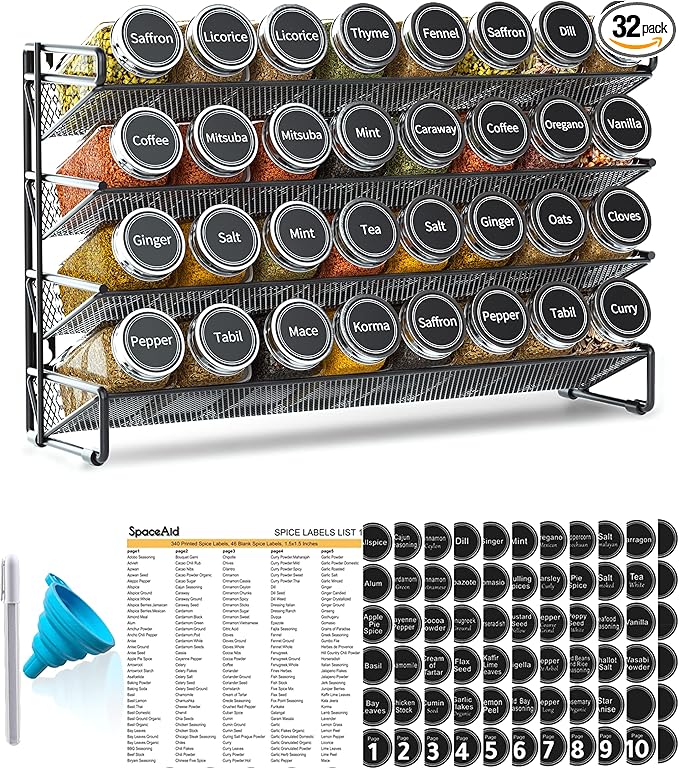 SpaceAid Spice Rack Organizer with 32 Spice Jars, 386 Spice Labels, Chalk Marker and Funnel Set for Cabinet, Countertop, Pantry, Cupboard or Door & Wall Mount - 32 Jars, 15.3" W × 10.8" H, Black