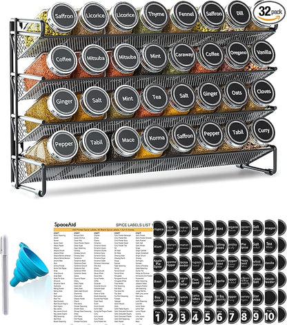 SpaceAid Spice Rack Organizer with 32 Spice Jars, 386 Spice Labels, Chalk Marker and Funnel Set for Cabinet, Countertop, Pantry, Cupboard or Door & Wall Mount - 32 Jars, 15.3" W × 10.8" H, Black