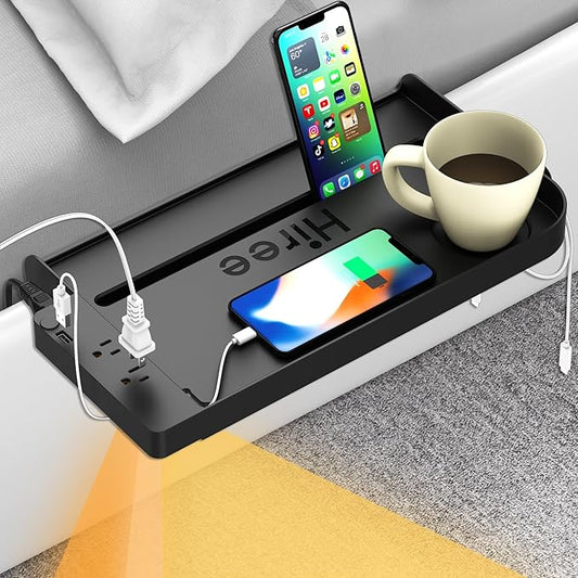 Bedside Shelf for Dorm Bunk Bed with USB Charging Port and 2 AC Outlets, Bedside Caddy, Attachable Bedside Table, College Dorm Essential Clip On Bedside Tray, Bunk Bed Accessories, Bedroom Furniture