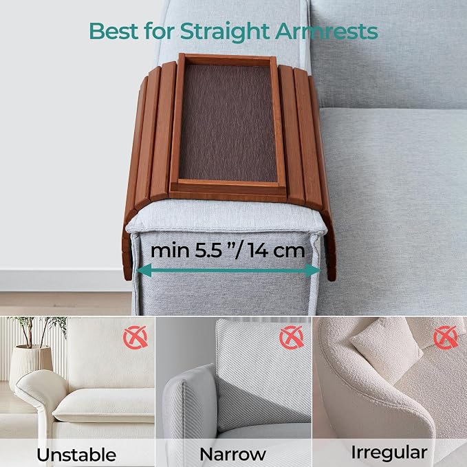 DETOR Couch Arm Tray with Anti-Slip Leather Pad, Sturdy Bamboo Slats, Fits Armrests 5.5" and Wider, Acacia Stained