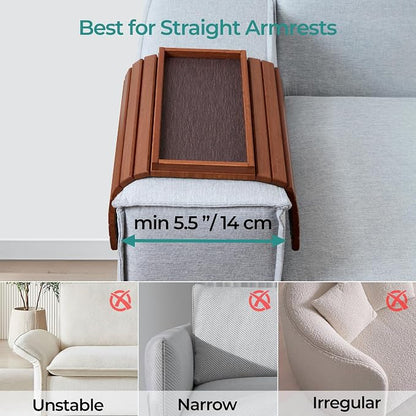 DETOR Couch Arm Tray with Anti-Slip Leather Pad, Sturdy Bamboo Slats, Fits Armrests 5.5" and Wider, Acacia Stained