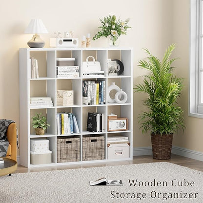 Cube Storage Organizer Bookcase, Decorative 11 inch Open Back Cubical Shelf with Thickened Border, Display Bookshelf for Living Room, Home Office, Sturdy Room (White, 16 Cube)