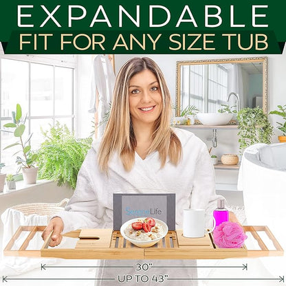 SereneLife Premium Bathtub Tray Caddy, Expandable Bath Tray, Unique House Warming Gifts, Gift for Mom, Women, New Home, Wedding, Anniversary, Bridal Shower, Universal Fit for All Tub - Natural