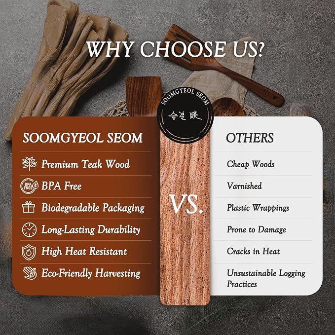 SOOMGYEOL SEOM 9-Piece Teak Wood Cooking Utensil Set with Holder | Wooden Spoons and Spatulas, Countertop Organizer, Heat Resistant, Kitchen Tools