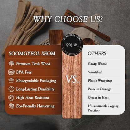 SOOMGYEOL SEOM 6-Piece Teak Wood Cooking Utensil Set | Wooden Spoons and Spatulas, Nonstick Safe, Heat Resistant, Natural Wooden Kitchen Tools