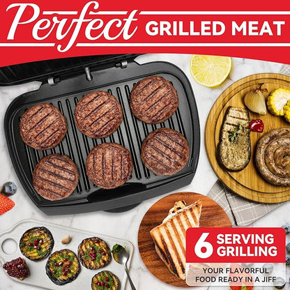 Family-sized Contact Grill, 6-Serving Electric Indoor Grill with Adjustable Temp Control, Ceramic Coating, 1500W, Graphite
