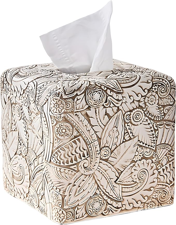 Tropical Leaves Vintage Wood Carved Square Tissue Box Cover Decorative,Tissue Box Holder, Facial Paper Holder for Bathroom Vanity Countertop, Bedroom Night Stand,Office and End Table, Rustic White