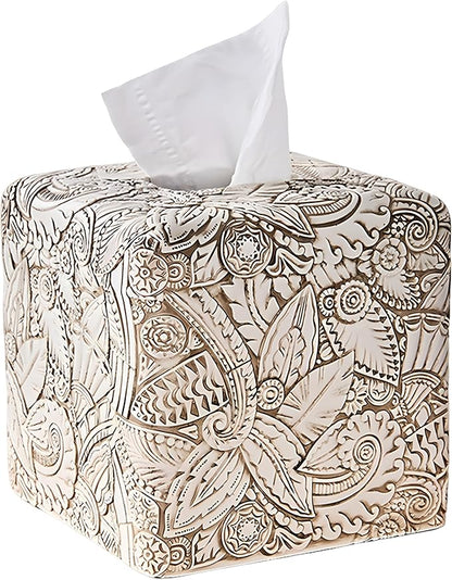 Tropical Leaves Vintage Wood Carved Square Tissue Box Cover Decorative,Tissue Box Holder, Facial Paper Holder for Bathroom Vanity Countertop, Bedroom Night Stand,Office and End Table, Rustic White