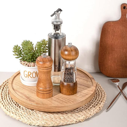 Round Decorative Tray Wood Bathroom Counter Organizer Farmhouse Kitchen Decor Wooden Riser for Soap Dish, Perfume, Candle, Sponge, 11" - Brown
