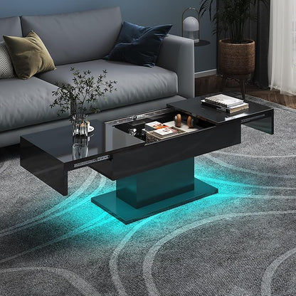 Black LED Coffee Table with Storage for Living Room, Living Room Table Rectangular Center Table, Modern High Glossy Wooden Coffee Tables for Dining Reception Room