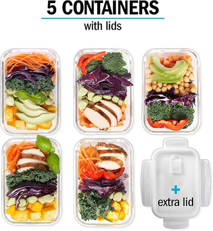 Igluu Meal Prep Glass Containers with Air Vent Lids (5 Pack+Extra Lid) – Airtight & BPA-Free – Oven, Microwave, Freezer and Dishwasher Safe – 28oz – Durable Borosilicate Glass
