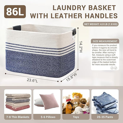 SunNewt 86L Extra Large Laundry Basket with Leather Handles for Living Room Storage, Woven Rope Baskets for Blanket, Kids Toy, Gifts, Wicker Hamper for Bedroom Dirty Clothes, 24"x16"x14" Denim Blue