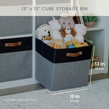 OrganiHaus 13" x 13" x 13" Cube Fabric Storage Bins Set of 4, Fabric Storage Cubes w/ Vegan Handles, 13 inch Collapsible Bins for Clothes & Toy Organizer, 13x13 Basket for Kallax - Grey/Black