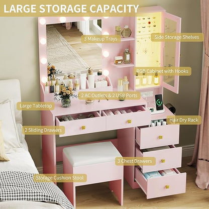 Vanity Desk with Mirror and Lights,Makeup Table with & RGB Storage Cabinet,Large Drawer & Storage Shelves,5 Drawer,Bedroom Dressing Table, Pink