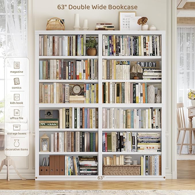 HOSTACK 63" W Open Book Shelf, 73" Tall Bookshelf with Storage, Modern White Bookshelf, Large Bookcase with 12 Display Shelves, 6 Tier Wooden Book Case for Living Room, Home Office, Library, White