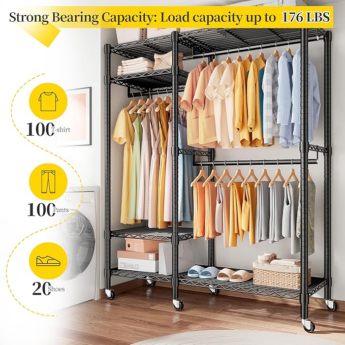 Raybee 79" H Clothes Rack Heavy Duty with Wheels, Clothing Rack for Hanging Clothes Rolling Portable Closet, 45" Wx17 Dx79 H,Black