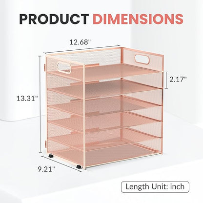 Daltack 6 Tier Paper Organizer for Desk, Paper Letter Tray Organizer for Desks, Mesh Desk File Organizers with Handle for Office, Home, School, Rose Gold, 2 Pack