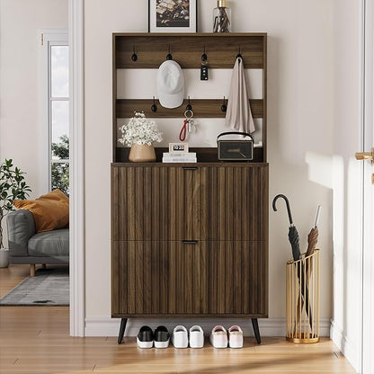 Smuxee Shoe Cabinet with 2 Flip Drawers & Coat Rack Hooks, 31.5" Walnut Hidden Shoe Storage Cabinet, 2-in-1 Hall Tree Slim Freestanding Shoe Rack Organizer for Entryway, Hallway, Living Room