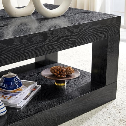 LKTART 39.37" Coffee Table with Storage, 2-Tier Mid Century Rectangular Accent Table with Thick Tabletop, Rustic Style Cocktail, Center Table for Living Room, Office, Apartment (Black)