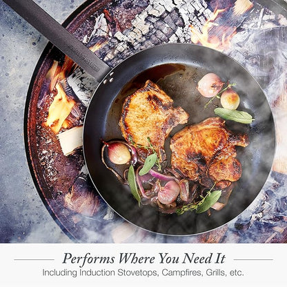 Merten & Storck Pre-Seasoned Carbon Steel 12” Frying Pan Skillet, Use on Induction, Stove and Grill, Durable, Even-Heating, for Searing, Grilling, Oven Use, and Campfire, Indoor/Outdoor