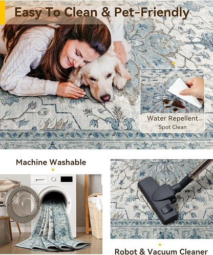 RELEANY Area Rugs Large 10'x14' Washable Non-Slip, Floral Vintage Distress Medallion Carpet for Living Room Bedroom Dining Room, Light Blue Navy Gray White