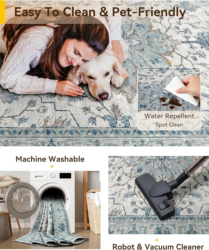 RELEANY Area Rugs Runner 2'x5' Washable Non-Slip, Floral Vintage Distress Medallion Carpet for Kitchen Hallway Bedroom Beside Laundry Room Bathroom, Light Blue Navy Gray White