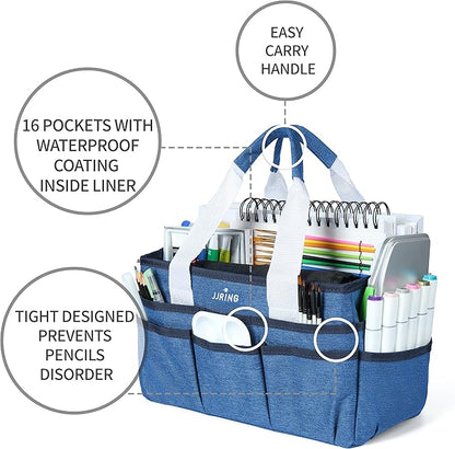 JJRING Craft Organizer Tote Bag, Art Storage Caddy with Multiple Pockets, Blue Sewing Bag for Art, Craft, Scrapbooking, School, Medical, and Office Supplies Storage