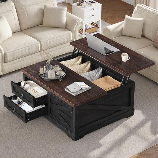 Itaar 39.4'' Lift Top Coffee Table with Storage, Farmhouse Coffee Tables for Living Room, Square Coffee Table with Large Hidden Compartment & 2 Drawers & Adjustable Shelves, Black+Walnut