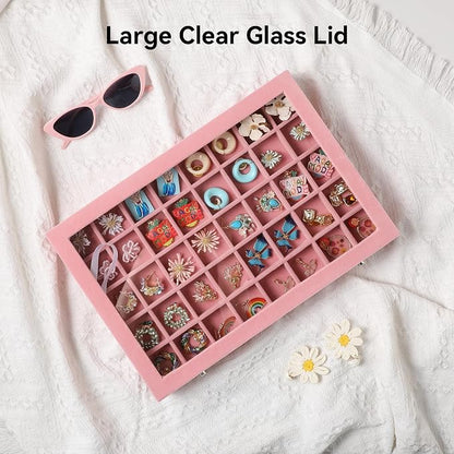 Frebeauty 40 Grid Jewelry Tray,Adjustable Earring Holder Organizer with Glass Lid,Velvet Drawer Jewelry Organizer for Rings,Studs,13.8 x 9.5 x 2 Inches Jewelry Display Box,Gift for Women(Pink)