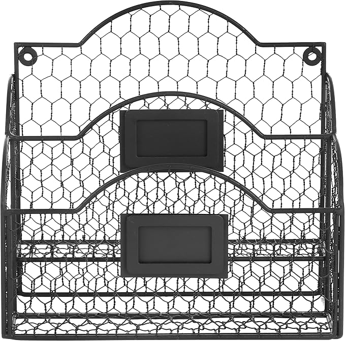 MyGift Metal Wire Basket Desk Organizer, 2 Compartment Inbox/Outbox Black Entryway Wall Mail Sorter, Office Desktop Stationery File Organizer Holder with Chalkboard Labels