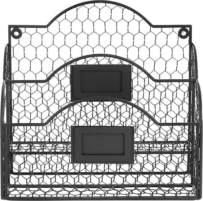MyGift Metal Wire Basket Desk Organizer, 2 Compartment Inbox/Outbox Black Entryway Wall Mail Sorter, Office Desktop Stationery File Organizer Holder with Chalkboard Labels
