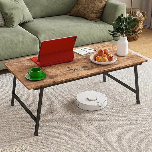 Black Coffee Table Foldable,Simple Modern Rectangular Center Table, Industrial Wood Tabletop and Metal Frame, Low Coffee Table for Home Office, Living Room,No Assembly,Rustic Brown