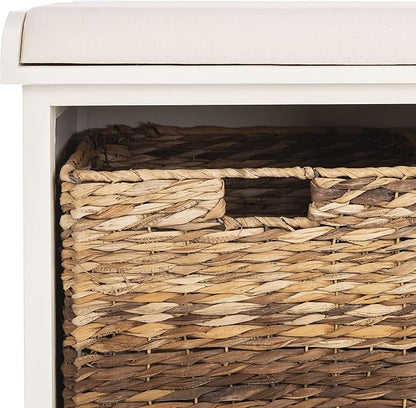 SAFAVIEH Home Collection – Freddy Vintage White Storage Bench with Wicker Baskets & Cushion, Entryway Seating Bench, Fully Assembled (AMH5736D)