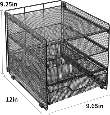 OPNICE Desk Organizers and Accessories, 4-Tier Desktop File Organizer with Drawer, Office Desk Accessories & Workspace Organizers for Office, Home Supplies(Black)