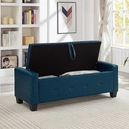 Furniliving Storage Bench, 48‘’ Upholstered PU Leather Ottoman Bench with Button-Tufted, Folding Bedroom Bench with Wood Legs, Entryway Bench for Bedroom, Navy Blue