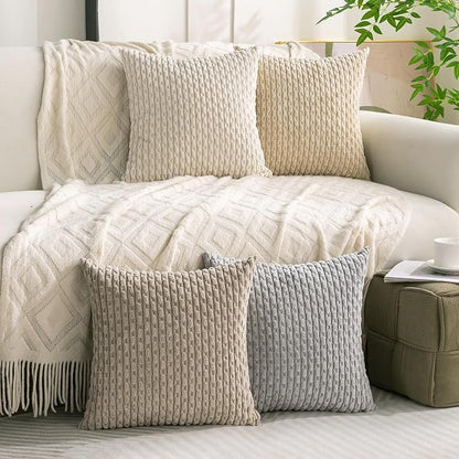 Set of 4 Neutral Decorative Throw Pillow Covers 16x16 Inch Corduroy Pillow Covers for Bed Couch Sofa Living Room Soft Square Cushion Cases
