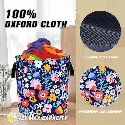 Folk Floral Art Laundry Basket Beautiful Flowers Foldable Oxford Cloth Funny Tote Bag Laundry Hamper Clothes Storage Bucket Organizer For Bathroom/Laundry Storage/Bedroom 17.7x13.7 Inch