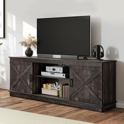 YITAHOME Farmhouse TV Stand for 65 Inch TV, Mid Century Modern Entertainment Center with Double Barn Doors, Rustic TV Media Console TV Cabinet for Living Room, Dark Oak