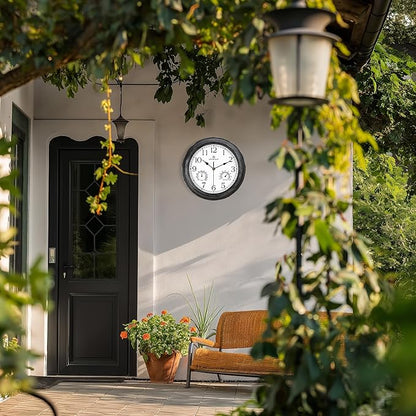 Lafocuse Black Outdoor Wall Clocks Waterproof for Patio with Thermometer, 12 Inch Hygrometer Wall Clock for Kitchen Bathroom Garage