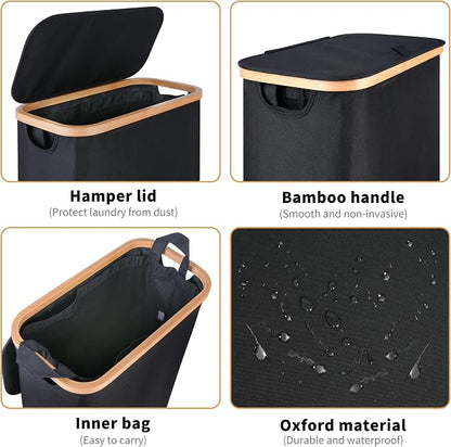 iEGrow 60L Slim Laundry Hamper, Narrow Laundry Basket with Lid,Foldable Clothes Hamper with Bamboo Handles,Hamper Basket with Removable Inner Bag for Laundry Room Bedroom College Dorm,Black