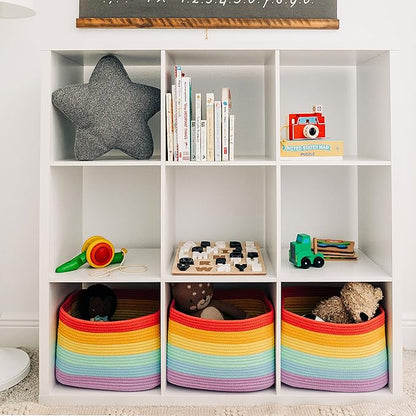 OrganiHaus Rainbow Woven Storage Baskets for Organizing, Cotton Rope Organizer Bins for Shelves, Closet & Nursery, Dog Toy Basket, Decorative Bins for Toys, Towels & Books - 15x10x9