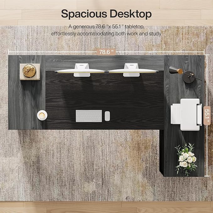 Tribesigns 78" L Shaped Executive Desk with Drawers, Large Office Computer Desk with Cabinet and Storage Shelves, Modern Business Furniture Sets Workstation for Home Office (Grey/Black)