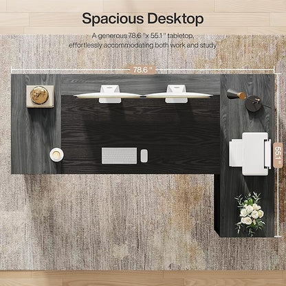 Tribesigns 78" L Shaped Executive Desk with Drawers, Large Office Computer Desk with Cabinet and Storage Shelves, Modern Business Furniture Sets Workstation for Home Office (Grey/Black)