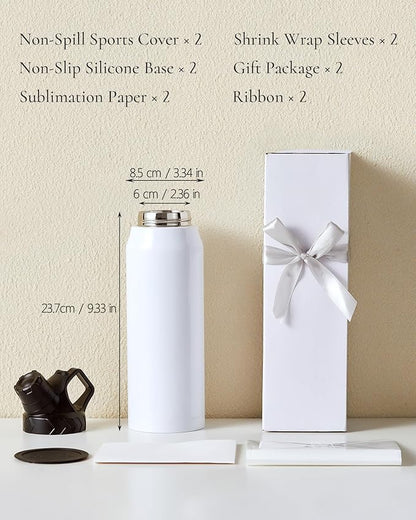 2 Pack 32 OZ Sublimation Water Bottle Blanks in Bulk, Stainless Steel Insulated Sports Tumbler Cups with Polymer Coating for Heat Transfer, with Lid, Coaster, Keepsake Box, Sublimation Paper
