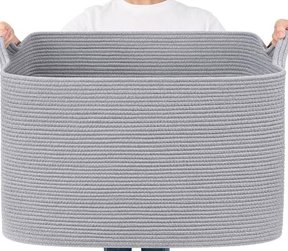 Goodpick 105L Extra Large Blanket Basket 25" x 16" x 16" Cotton Rope Storage Bins for Dirty Clothes, Rectangle Woven Laundry Basket for Living Room Bedroom, Toy Storage Baskets for Kids, Gray